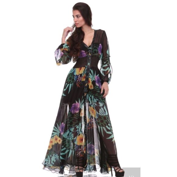 TOV Lace-Up Flora Print Chiffon Maxi Dress NWT - Picture 4 of 8